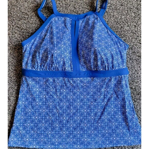 Lands' End Blue 16 DDD Swim Top Key Hole Geometric Women's Large S857 - Picture 2 of 8